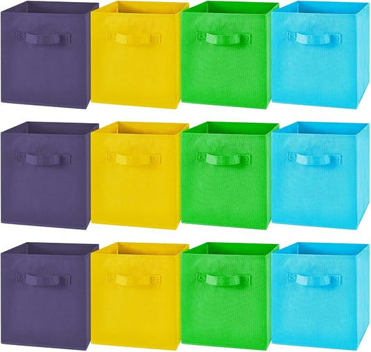 Yinder 12 Pcs Cube Storage Bin 10.5''x10.5''x11'' Storage Bins for Playroom Decor Colorful Bins for Kids Foldable Baskets for Nursery Organizer Boxes Fabric Boxes (Sky Blue, Green, Yellow, Dark Blue) by Yinder