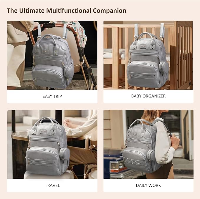 ROSEGIN Premium Vegan Leather Diaper Bag Backpack with Waterproof Changing Pad, Reinforced Zippers & Odor-Free, 20 Pockets Pro Organizer, Fits 15.6" Laptop, Stroller Straps, Baby Bag for Mom, Grey - Image 6