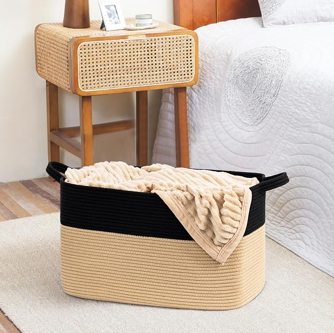 Goodpick Large Woven Blanket Basket, Rectangle, Black & Camel | 21.6'' x 14.9'' x 11.8'' Wicker Storage Basket for Toys & Blankets, Bedroom & Nursery Organization, Reinforced Handles - Image 5