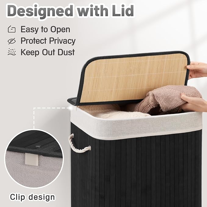 Aliphon 72L Slim Laundry Hamper with Lid, Foldable Bamboo Clothes Laundry Basket with Handles, Removable and Machine Washable Liner, for Bedroom, Bathroom, Dorm, Ink Black - Image 6