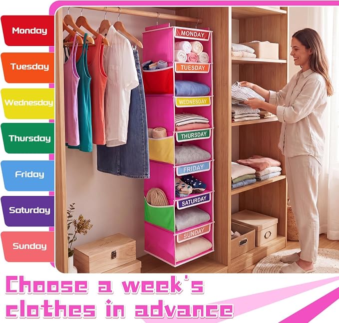 2 Pcs 7 Shelf Weekly Clothes Organizer for Kids Hanging Closet Organizer 11. 8 x 11. 8 x 50 Inch Daily Activity Kids Clothes Storage Drawers Cube Drawers Closet Hanging Shelves(Rose Pink) - Image 7