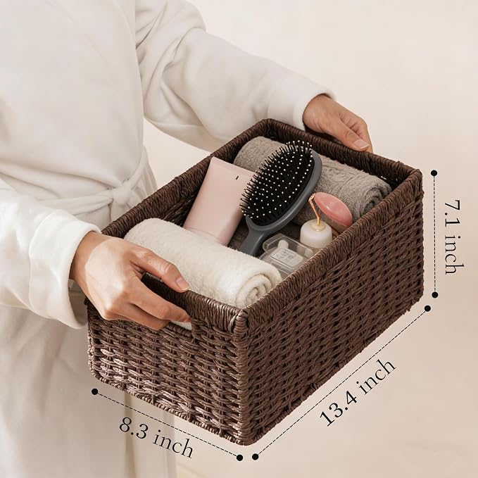 joybest Dark Brown Wicker Baskets for Shelves, Hand-woven Storage Baskets | 13.4L x 8.3W x 7.1H inch for Pantry, Kichen Organizing, Foldable Rectangular Bin with Handles, 2-pack - Image 4
