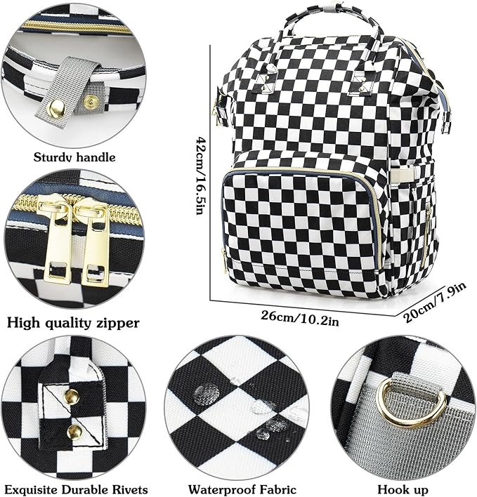 MCWTH Checkered Diaper Bag Backpack Set for Baby Girls Mom, Large Capacity Multi-Function Nappy Bags Organizer - Image 2