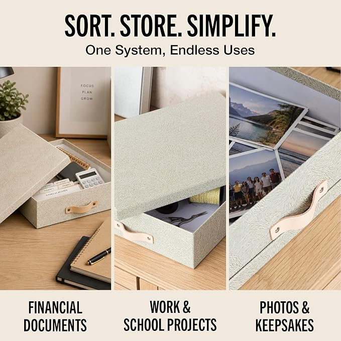 Bigso Oskar Fiberboard Document Storage Box with Lid for A4 and Letter Size Papers - Stylish, Sturdy, and Stackable Keepsake Box with Leather Handle - W10.2in x D13.8in x H3.3in - Waves Gold - Image 6