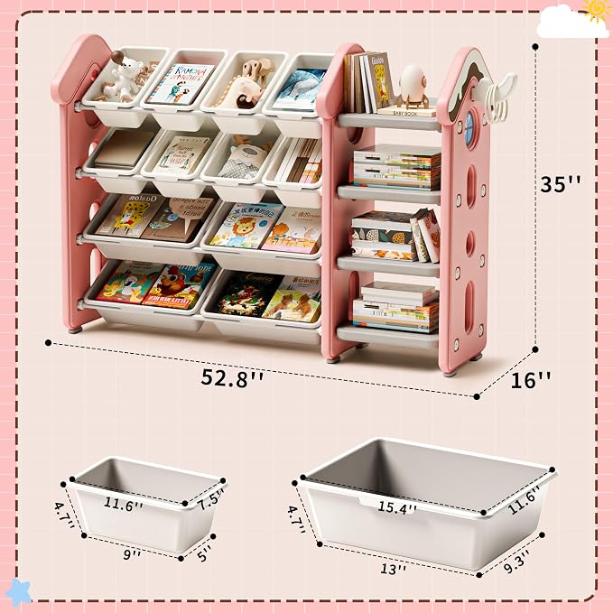 Pipleo Kids Toy Storage Organizer with 12 Removable Bins, Toy Organizers and Storage with 4-Tier Bookshelf for Kids Toy Storage Organizer (Pink) - Image 2