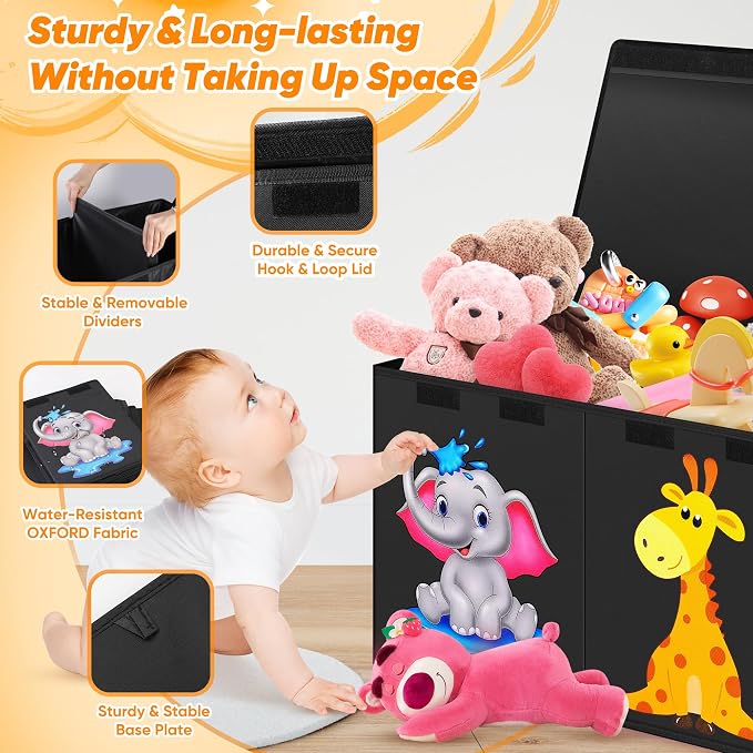 Extra Large Toy Box, Collapsible Storage Organizer with Lids, 40"x14"x16" | Black Cute Animals Kids Toy Chest Storage Bins Boxes for Boys Girls, Bedroom Nursery Playroom Organization - Image 4