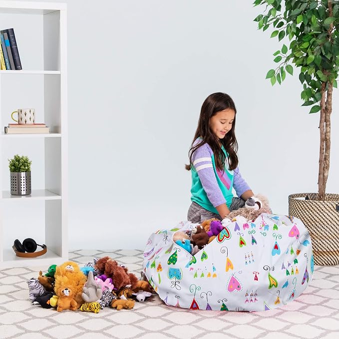 Posh Stuffable Kids Stuffed Animal Storage Bean Bag Chair Cover - Childrens Toy Organizer, Large-38 - Canvas Multi-Colored Hearts on White - Image 6