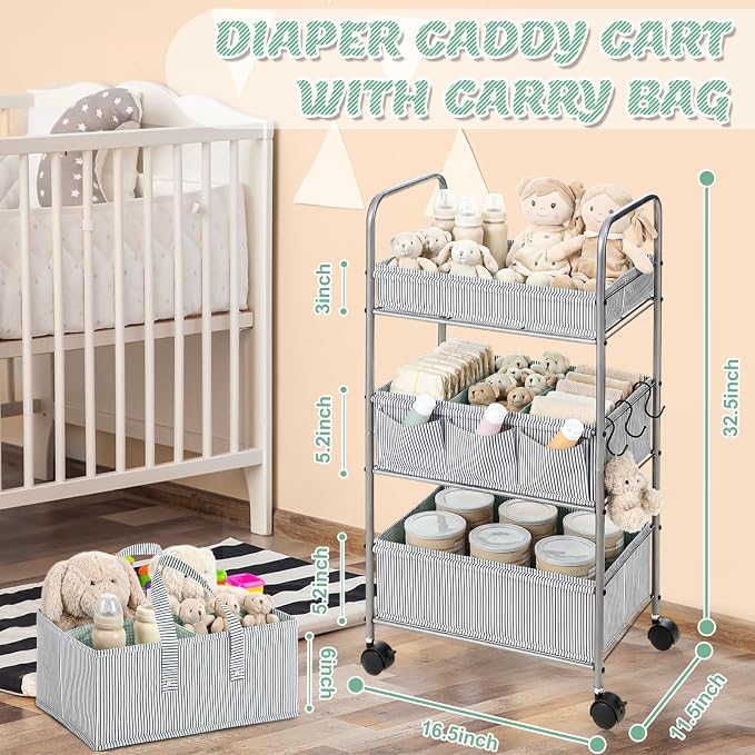 WILLBOND 2 in 1 Baby Diaper Caddy Organizer Cart, 3 Tier Large Stripe Bedside Rolling Cart Metal for Baby Essential with Divider for Newborn Registry Must Have Nursery Bedroom Mother Gift(Green) - Image 2