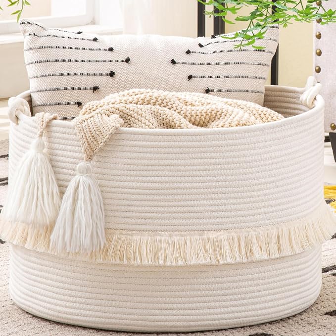 KAKAMAY Large Blanket Basket (20"x13"),Woven Baskets for storage Baby Laundry Hamper, Cotton Rope Blanket Basket for Living Room, Laundry, Nursery, Pillows, Baby Toy chest (White) | Extra Large Capacity,Blanket Storage | Laundry Basket | Natural Cotton... by KAKAMAY
