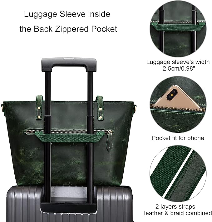 S-ZONE Women Vintage Genuine Leather Tote Bag Large Shoulder Purse Work | 14" Padded Laptop Compartment, Detachable Long Strap, Luggage Strap, Multi Pockets, Travel Everyday - Image 5