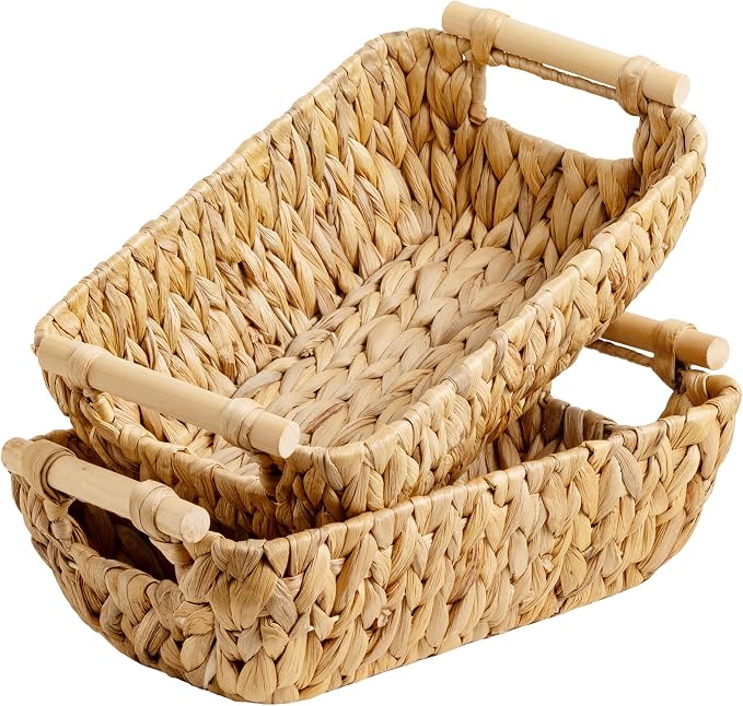 StorageWorks Small Storage Basket, Seagrass Woven Basket for Gifts | Wicker Storage Baskets for Shelves, Baskets with Wooden Handles, 2-Pack Gifts Basket for Home Decor, Hand-Woven Basket by StorageWorks