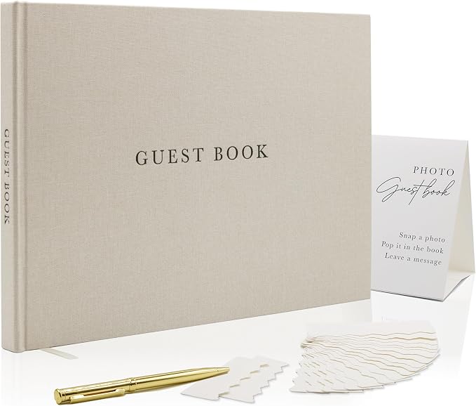 Real Linen Guest Book Set - 11.5 x 8.5 Embossed Guestbook for Weddings, Showers, Events, Blank & Lined, Comes with Sign, Pen, Box and Photo Sleeves, 120 Pages (Beige) by ModernAlbumDesigns