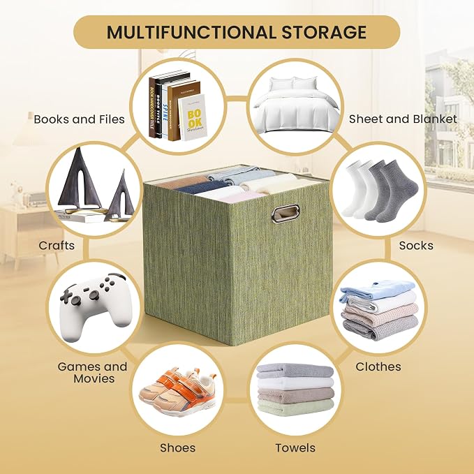Posprica Storage Cubes, 13 x 13 x 13 Inches Fabric Bins with Double Handles | Cubes Basket Containers, For Shelf Cabinet Bookcase, Closet Organizers for Shelves, Foldable, Yellow/Brown Mixed, Set of 4 - Image 6