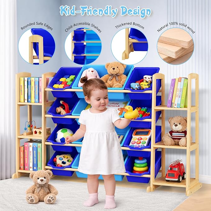 Kids Toy Storage Organizer with Bookshelf – Wooden Shelf with 12 Bins & 6 Shelves, Quick Assembly Storage Rack for Playroom, Bedroom, Nursery– Blue - Image 3