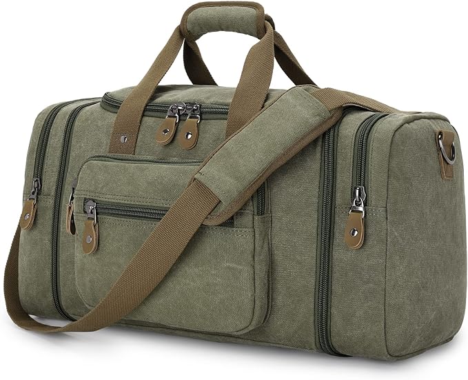 Gonex Canvas Duffle Bag, Expandable 50L Travel Overnight Weekender Bag | for Men, Multiple Pockets, Carry-On Size, Durable Zippers, Detachable Strap, Army Green by Gonex