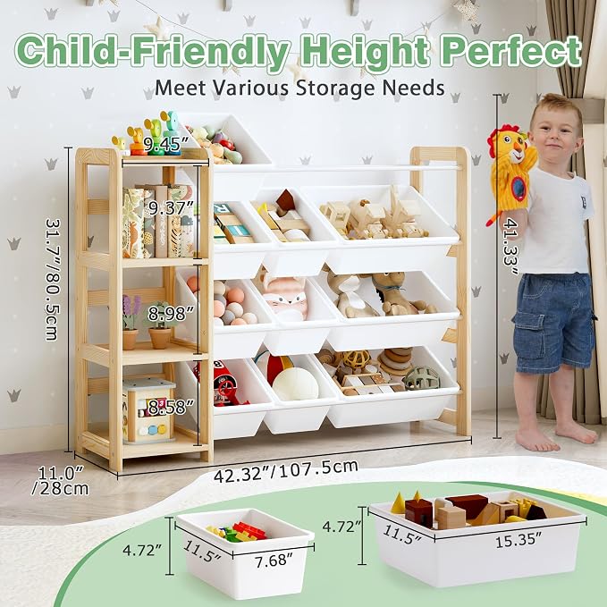 MallBest Toy Storage Organizer with Bookshelf, Kids Wooden Shelf with 12 Removable Bins for Books, Toys, Playroom, Nursery, Bedroom, Natural, Medium - Image 2