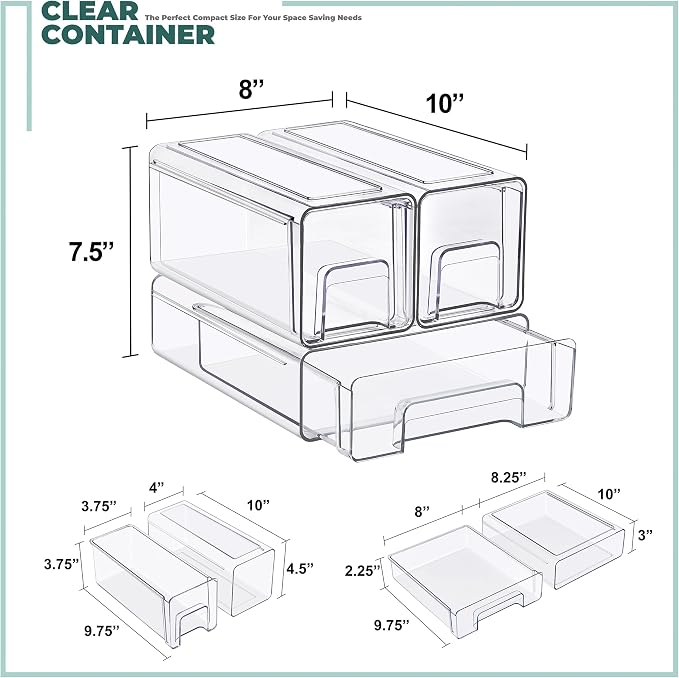 Sorbus Clear Stackable Storage Drawers (1 Medium + 2 Small) | Plastic medicine-cabinet bins with handles and pull-out access for bathrooms, closets, pantries and baby bottles. - Image 3