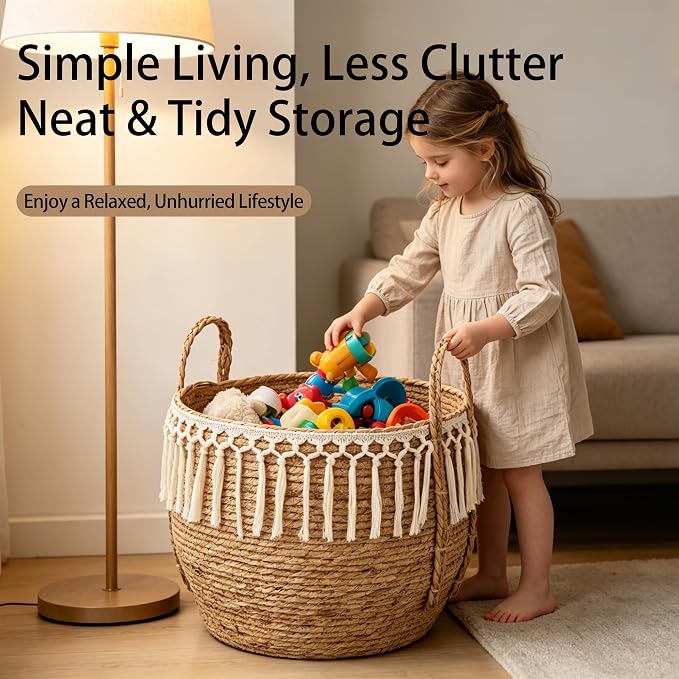 3 Pack Boho Woven Cattail Storage Basket, Belly Basket for Plant, puppy toy Toy & Home Storage, Decorative Organizer for Living Room, Bathroom & Gifting, 14", 12" & 9" - Image 5