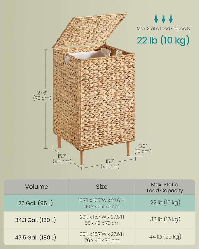 SONGMICS Laundry Hamper With Lid, 95 L Wicker Handwoven Water Hyacinth | Wicker Laundry Basket , Natural Material, Removable Machine Washable Liners, Natural ELIOTT Collection ULCB201Y01 - Image 6