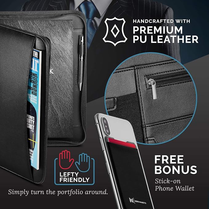 NERO MANETTI- Zippered Vegan Leather Padfolio/Portfolio Pad Holder-Business PU Leather Notepad Folder for Resumes, Interviews, iPad/Tablet, Phone, Legal Pad Notebook Executive Binder for Women, Men - Image 8