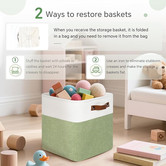FinishingBo 11x11 Cube Storage Bins 6 Pack, Fabric Basket with Handles | Foldable Storage Cubes, PU Leather Handles,Closet Storage, White Green - Image 6