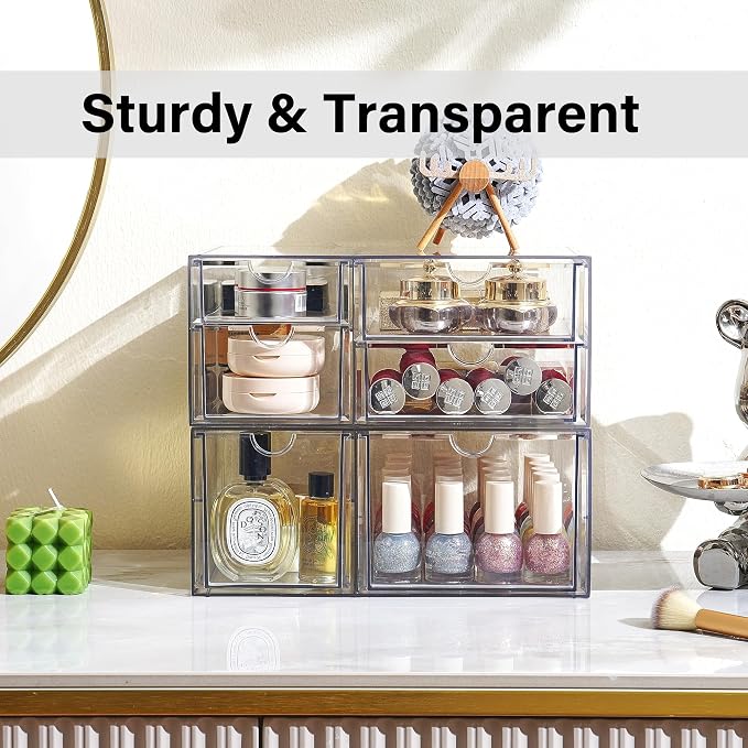Prsildan Acrylic Makeup Organizer Clear Storage Drawer with 6 Small Drawers | Transparent, Vanity Organizers, For Bathroom Kitchen Cabinet Office Desk Under Sink, Set of 2 - Image 6
