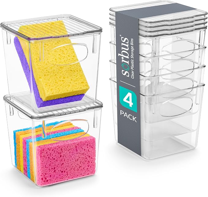 Sorbus Small Clear Plastic Storage Bins with Lids, Clear Stackable Storage Bins, Laundry Room Organizer Bins, Office, Classroom, Playroom, Bathroom, Laundry Room Organization and Storage (4 Pack) by Sorbus