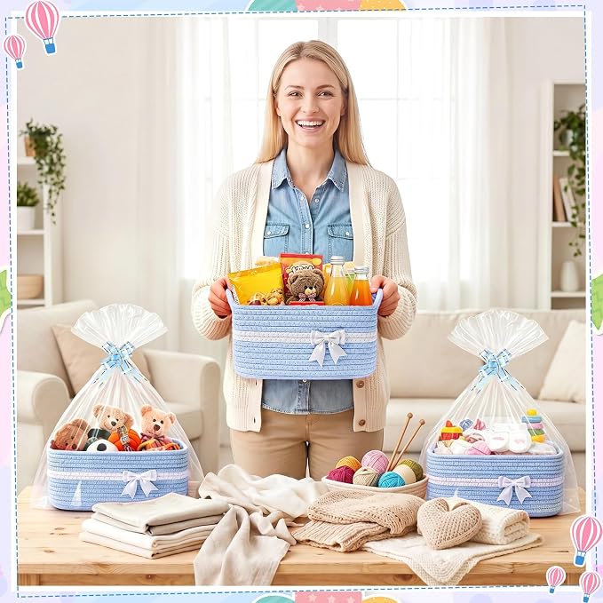 10 Pack Empty Gift Baskets, 12x8x5 Small Blue Woven Cotton Rope Baskets with Gift Bags & Ribbons, Decorative Baby Shower Hamper, Nursery Storage Basket with Handles for Shelves - Image 5