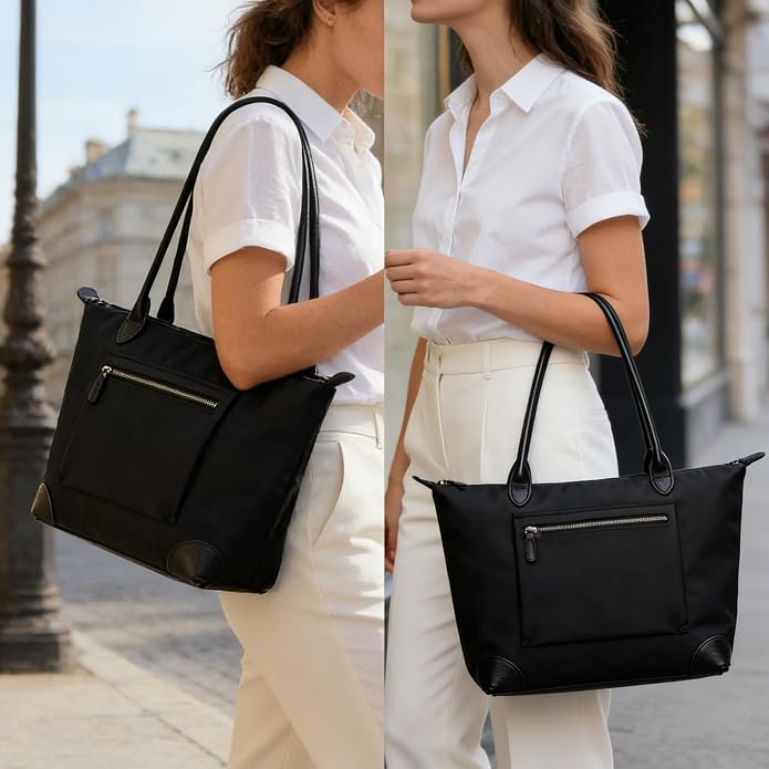 DORIS&JACKY Women Lightweight Tote Bag Designer Leather Work Shoulder Purse | Large Foldable Waterproof Nylon Hobo, Soft Fashion Casual Travel Gym Shopping Handbags with Long Leather Strap - Image 2