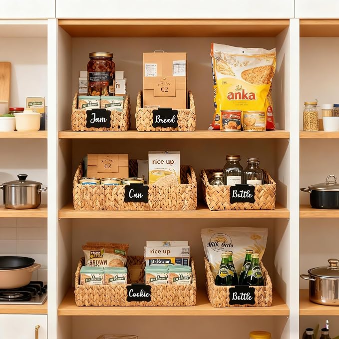 Wicker Baskets for Organizing, Pantry Baskets with Built-in Handles, Handwoven Labeled Wicker Storage Basket, Water Hyacinth Storage Bins for Shelves, 3 Pack, Natural - 2 Set - Image 4