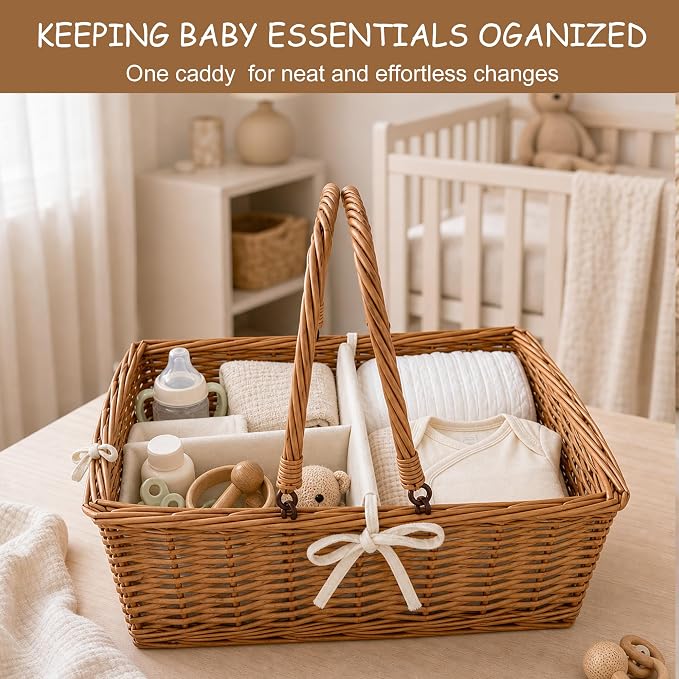 Wicker Diaper Caddy Organizer, Woven Rattan Diaper Caddy Basket with Removable Divider for Changing Table, Portable Car Organizer for Diapers Storage, Baby Shower Gifts - Image 4