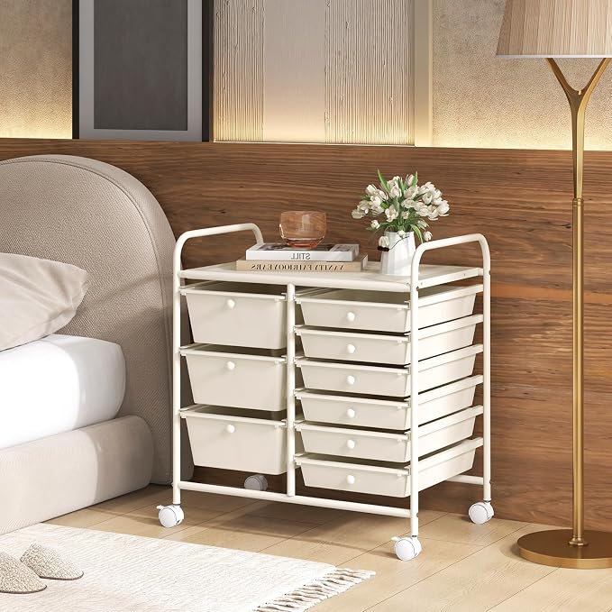 RELAX4LIFE 9 Drawer Rolling Storage Cart - Mobile Drawer Carts for Craft Art Supply Paper Salon, Utility Cart on Wheels for Classroom Teacher School Office, Rolling Cart with Drawers (Ivory White) - Image 9