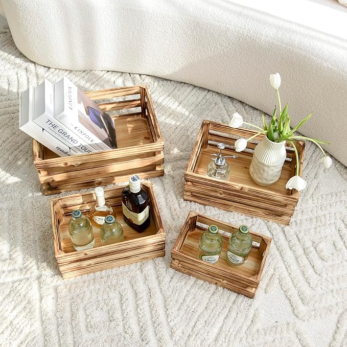 Large Torched Wood Storage Crates Decorative, Set of 4 Nesting Wooden Crates for Display Rustic, Farmhouse Wooden Storage Container Boxes Made from 100% Wood - Image 7