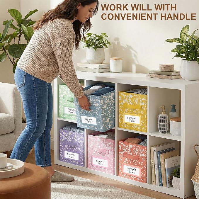LemonRoad 6 Fabric Storage Cube 11 Inch Foldable Marble Storage Bin with Label for Organizing Pantry, Toy Box, Clothes Closet Collapsible Basket for School Organizing with Handle(Macaron, Label) - Image 4