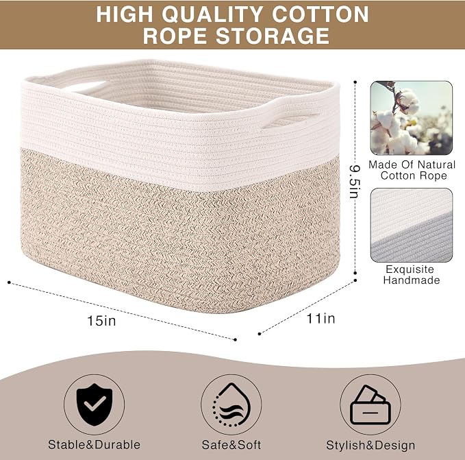 ICERZCZ Storage Baskets for Organizing, Woven Cotton Rope Basket for Storage Books, Baby Organizing Baskets, Toy Storage Basket, 15"x11"x9.5", 3 Packs, Off White & Brown - Image 3