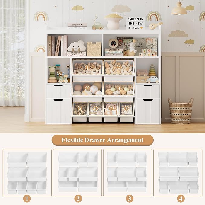 HORSTORS 55" W Toy Storage Organizer, Large Kids Bookshelf, Toy Box, White | 8 Plastic Storage Bins / 2 Removable Toy Storage Boxes / Open Shelves, Kids Bookcase with Drawers for Playroom, Kids Room - Image 7