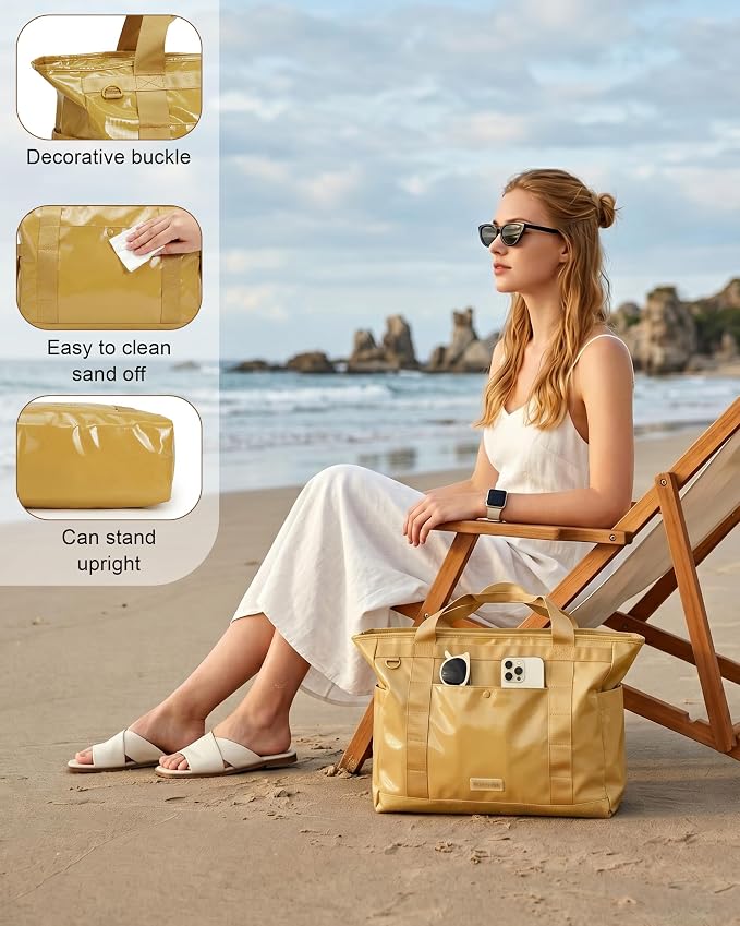 FHELAD Extra Large Glossy Tote Bag for Women, Beach Shoulder Bag 25L | Waterproof Sandproof, 15.6" Laptop Compartment, Luggage Strap, Work, Travel - Image 3