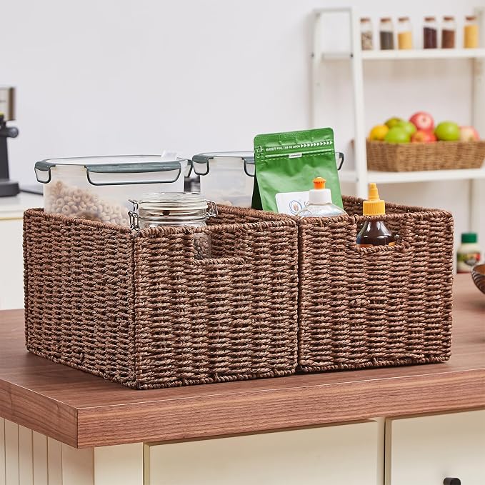 Wicker Storage Basket, Set of 2 Hand-Woven Paper Rope Wicker Basket, Small Storage Baskets for Organizing Toilet Paper Basket, Foldable Large Cube Storage Organizer Bins for Shelves (Brown) - Image 6