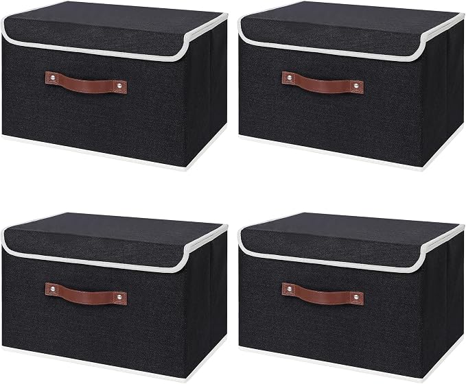 ANMINY Fabric Storage Box Bins with Lids, Black, 15"x10"x10", 4 Pack | Keepsake Memory Storage, Cotton Linen, PP Board Reinforced, Washable, PU Handles, Foldable & Stackable, Decorative, Large by ANMINY