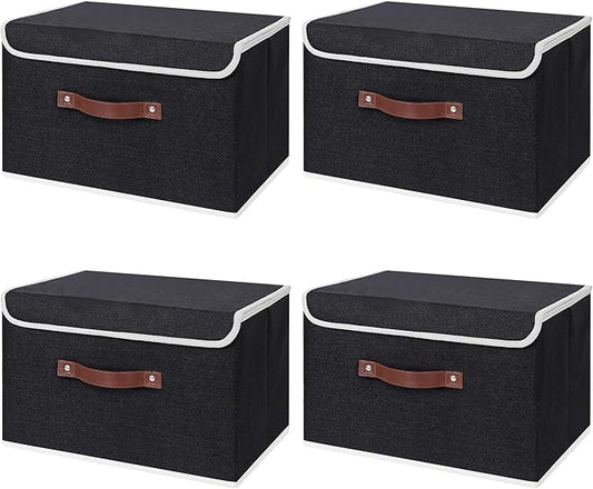 ANMINY Fabric Storage Box Bins with Lids, Black, 15"x10"x10", 4 Pack | Keepsake Memory Storage, Cotton Linen, PP Board Reinforced, Washable, PU Handles, Foldable & Stackable, Decorative, Large by ANMINY