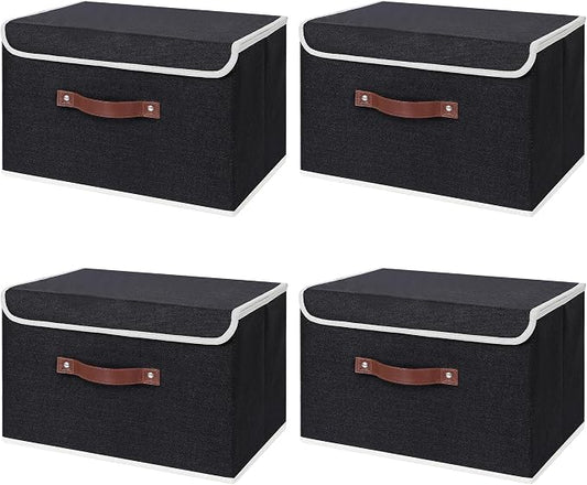 ANMINY Fabric Storage Box Bins with Lids, Black, 13"x9"x7.9", 4 Pack | Keepsake Memory Storage, Cotton Linen, PP Board Reinforced, Washable, PU Handles, Foldable & Stackable, Decorative, Medium by ANMINY