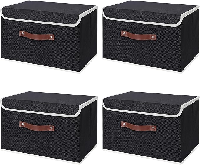ANMINY Fabric Storage Box Bins with Lids, Black, 13"x9"x7.9", 4 Pack | Keepsake Memory Storage, Cotton Linen, PP Board Reinforced, Washable, PU Handles, Foldable & Stackable, Decorative, Medium by ANMINY