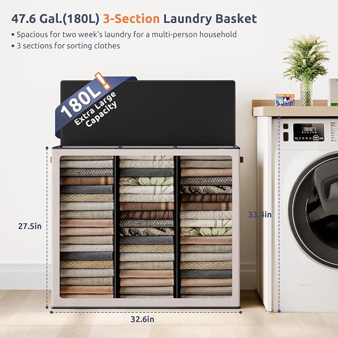 SOLEDI Large Laundry hamper 3 Section with Laundry Bag, XL Clothes Basket | 3-Section Large capacity Laundry Sorter with Odor-Blocking Lid, Robust Iron Frame & Waterproof 600D Fabric, 3 Washable Bags - Image 2
