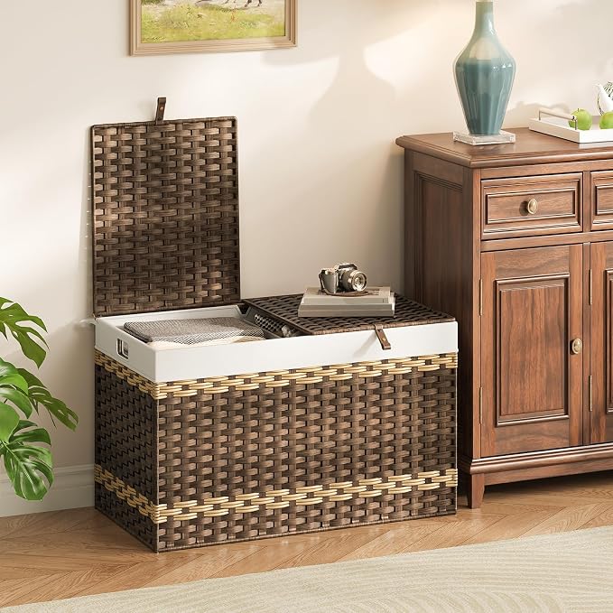HOOBRO Storage Basket with Lid, 42.3 Gallon (160L) Wicker Storage Basket with 2 Separate Lid, Blanket Storage Bin with 2 Removable Liner Bags, for Bedroom, Laundry, Brown and Natural BR276CW01 - Image 3