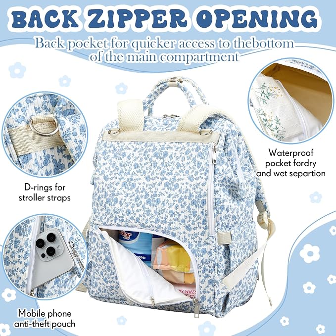 Blue Corduroy Floral Diaper Bag Backpack for Mom Large Capacity Multifunction Travel Backpack for Women, Cute Diaper Bag - Image 4
