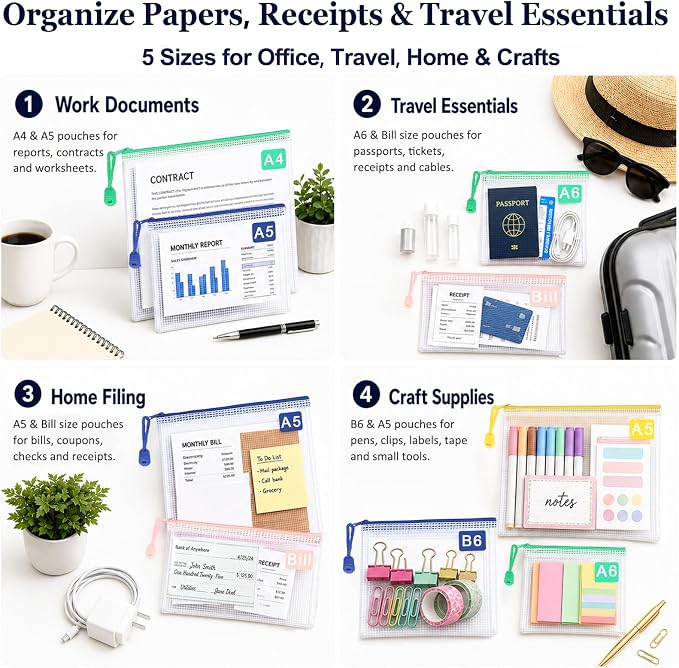 18-Pack Mesh Zipper Pouch Set with 1 Organizer Bag, 19pcs | A4 A5 A6 Bill B6 Translucent PVC Pouches for Multi-Size Categorized Storage Receipts Cards Projects Office and Travel - Image 6