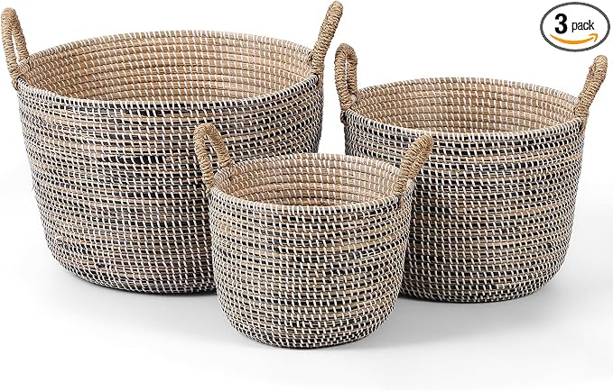 Laundry Basket with Handles - Set of 3 Woven Seagrass Storage Baskets, Large Hamper for Clothes Toys Blankets Dirty Laundry Organizer, Storage Bin for Bedroom, Bathroom - 31.5L, 17.4L, 8.4L by YINUOLIGHT