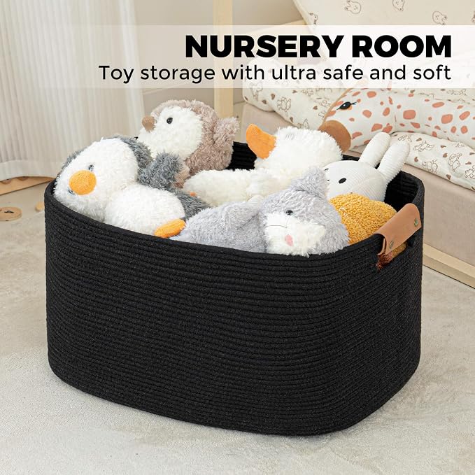 Large Woven Basket, 108 L Blanket Basket for Living Room, Nursery Bin for Toys Organizing & Laundry, Cotton Rope Hamper with Leather Handle, 25’’*16’’*16’’ Black - Image 3