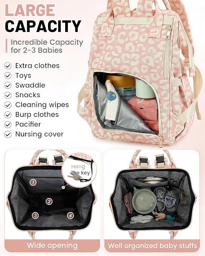 Corduroy Diaper Bag Backpack, Large Capacity Multifunction Baby Diaper Bags for Women, Insulated Bottle Pockets & Pacifier Case, Stylish Travel Nappy Changing Bags for Mom Dad (Leopard Pink) - Image 4