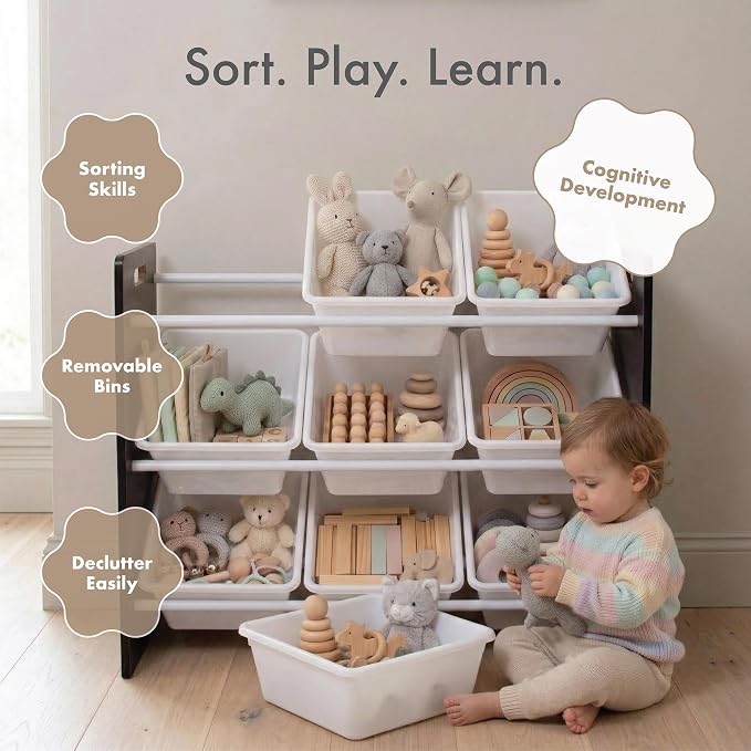 Humble Crew Toy Storage Organizer with 9 Removable Storage Bins for Kids Playroom, 3-Tier Toddler Toy Organization and Storage, Espresso/White - Image 6